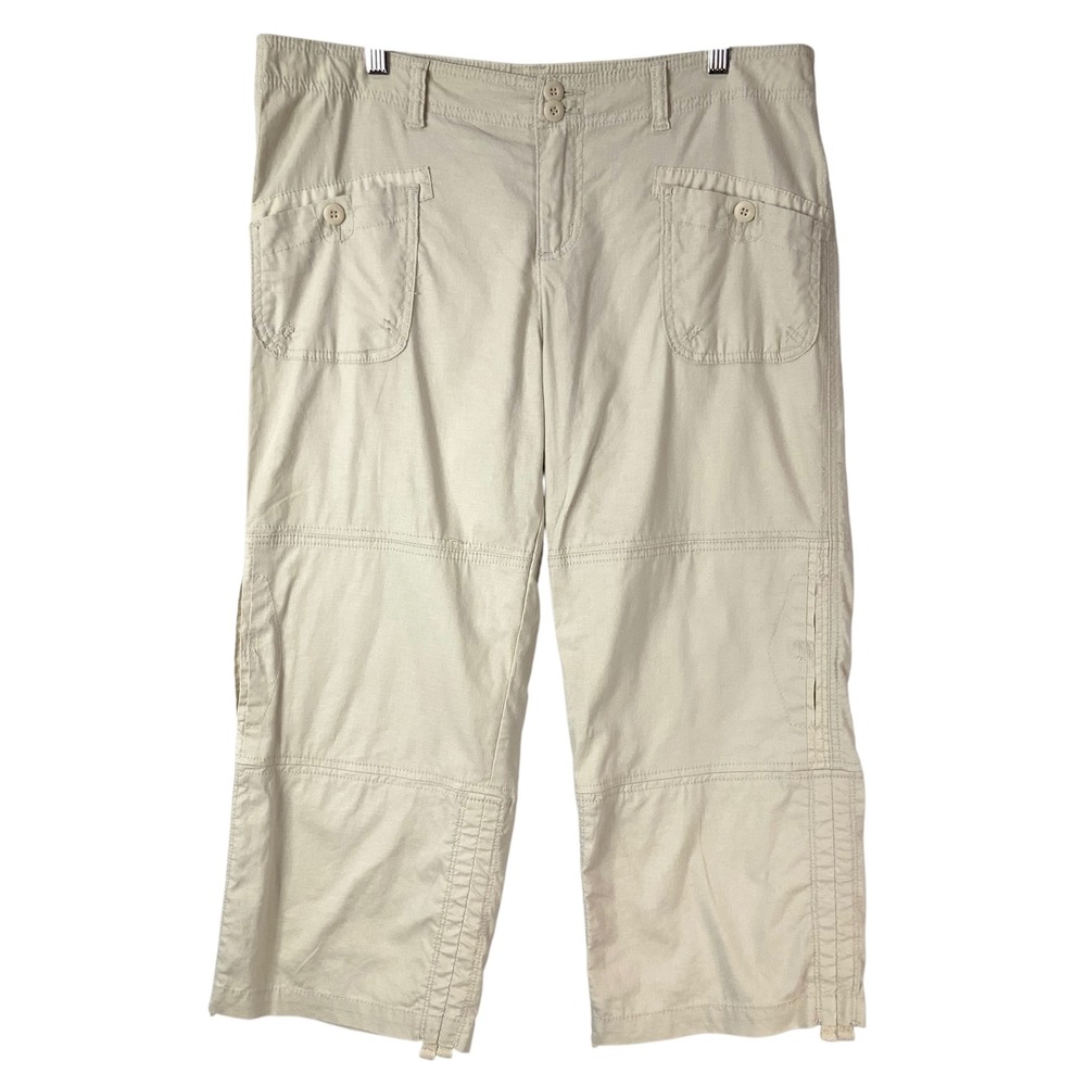 prAna Beige Linen Blend Cargo Capri Pants 14 Zip Fly Mid Rise Straight Leg